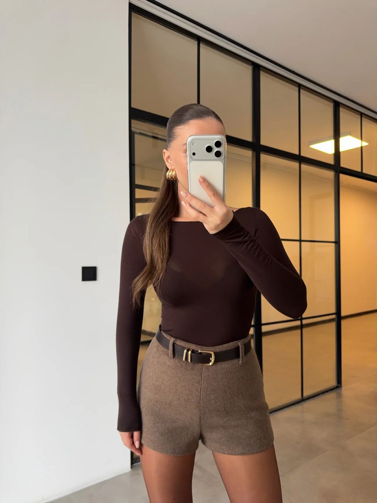 Brown Boat-Neck Long-Sleeve Top