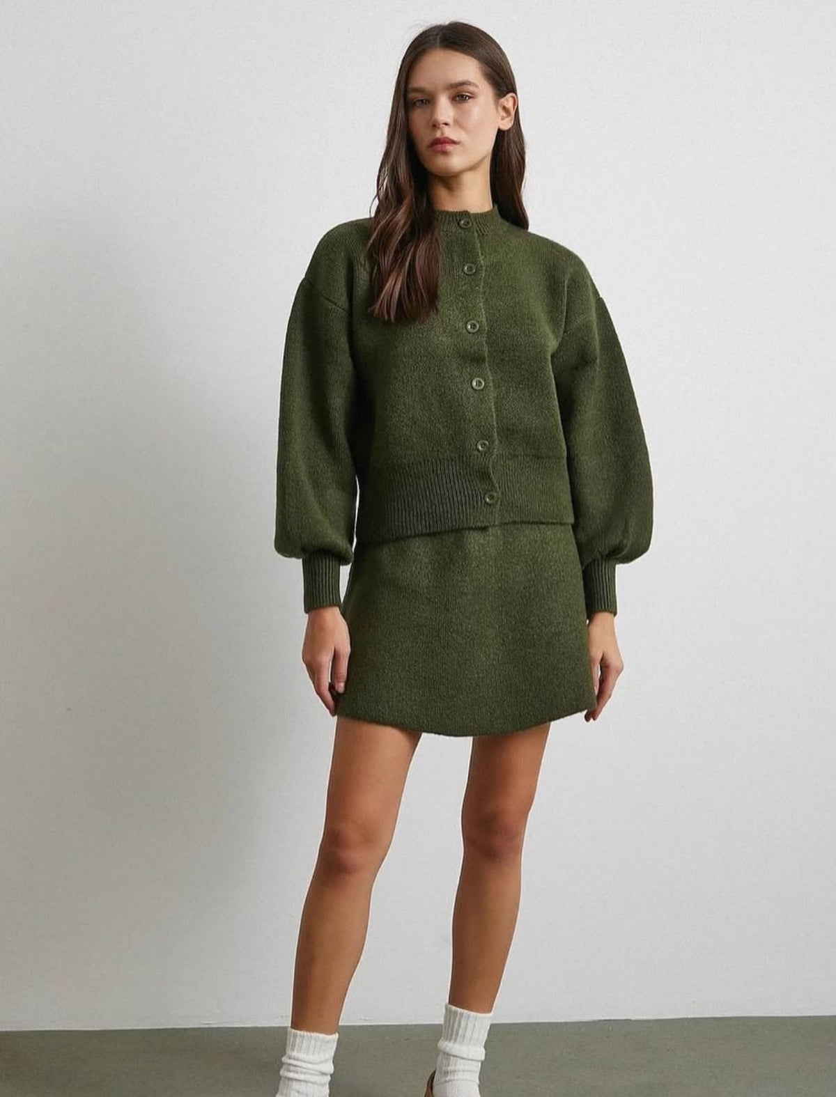 Olive Cardigan & Skirt Set