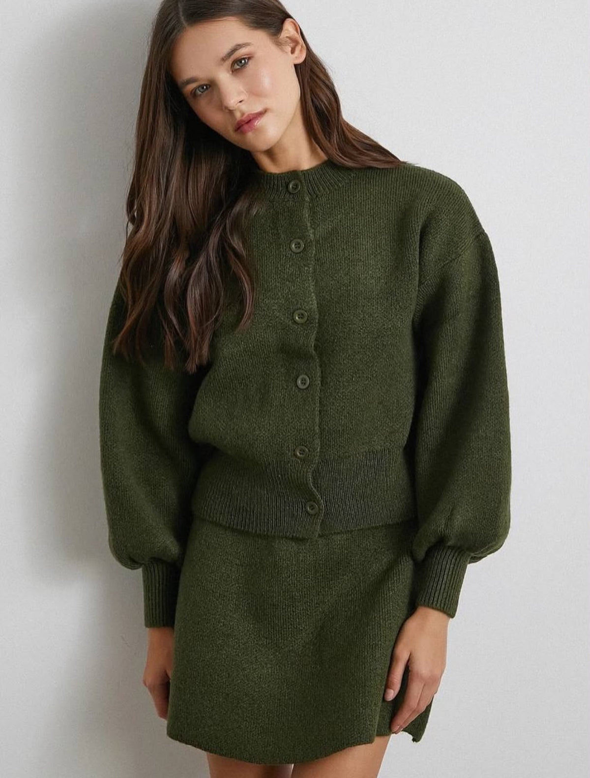 Olive Cardigan & Skirt Set
