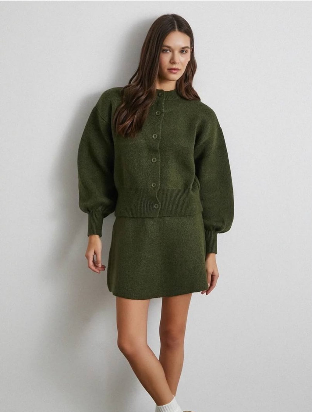 Olive Cardigan & Skirt Set