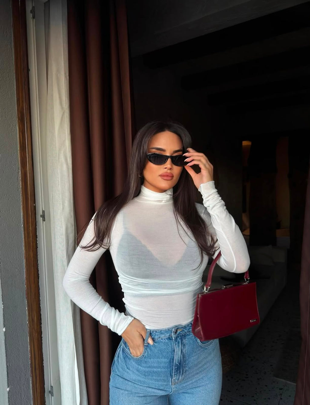 Sheer Turtleneck Long Sleeve Top