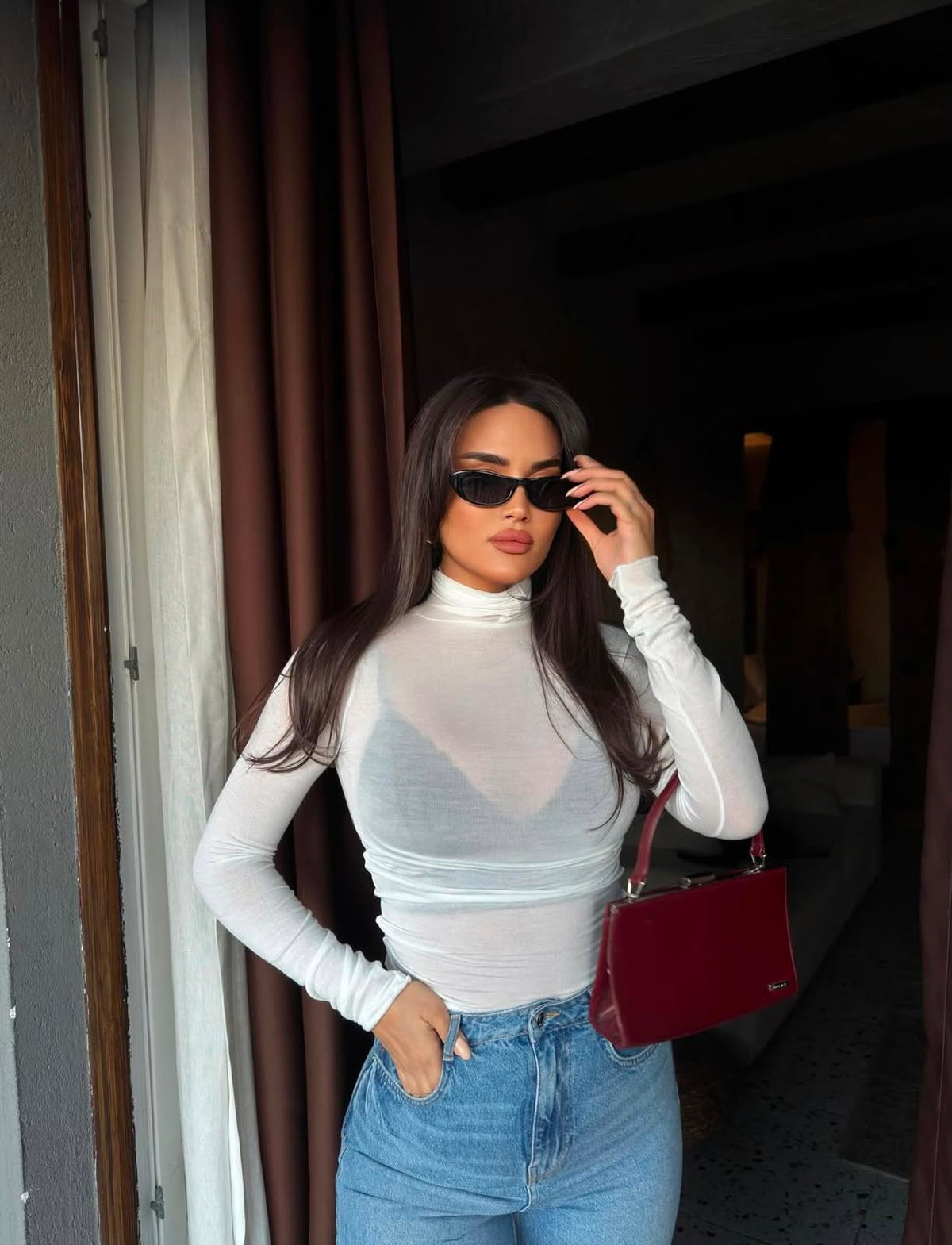 Sheer Turtleneck Long Sleeve Top - White